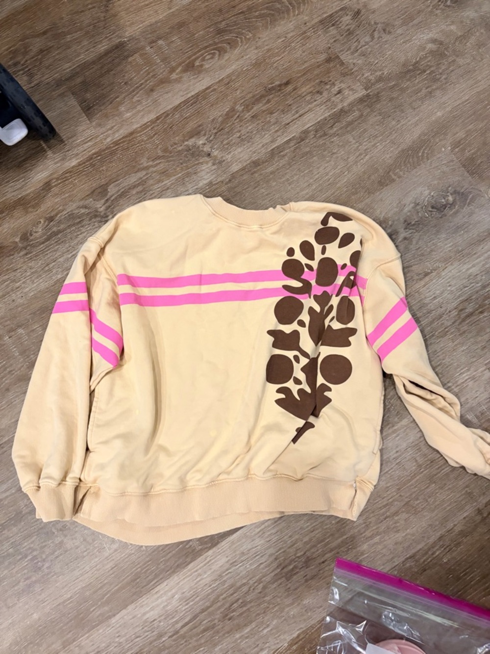 Beige Sweatshirt with Pink Stripes & Brown Floral Graphic